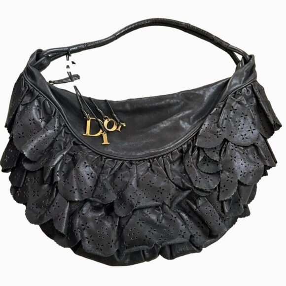 Christian Dior Vintage Gypsy Ruffled Hobo Black Leather Gold DIOR Bag Charm - Picture 1 of 15